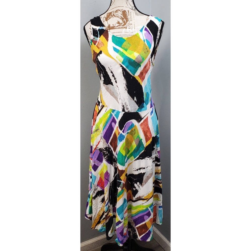 Jams World Fit & Flare Dress Womens S Multi Abstract Print Sleeveless Designer